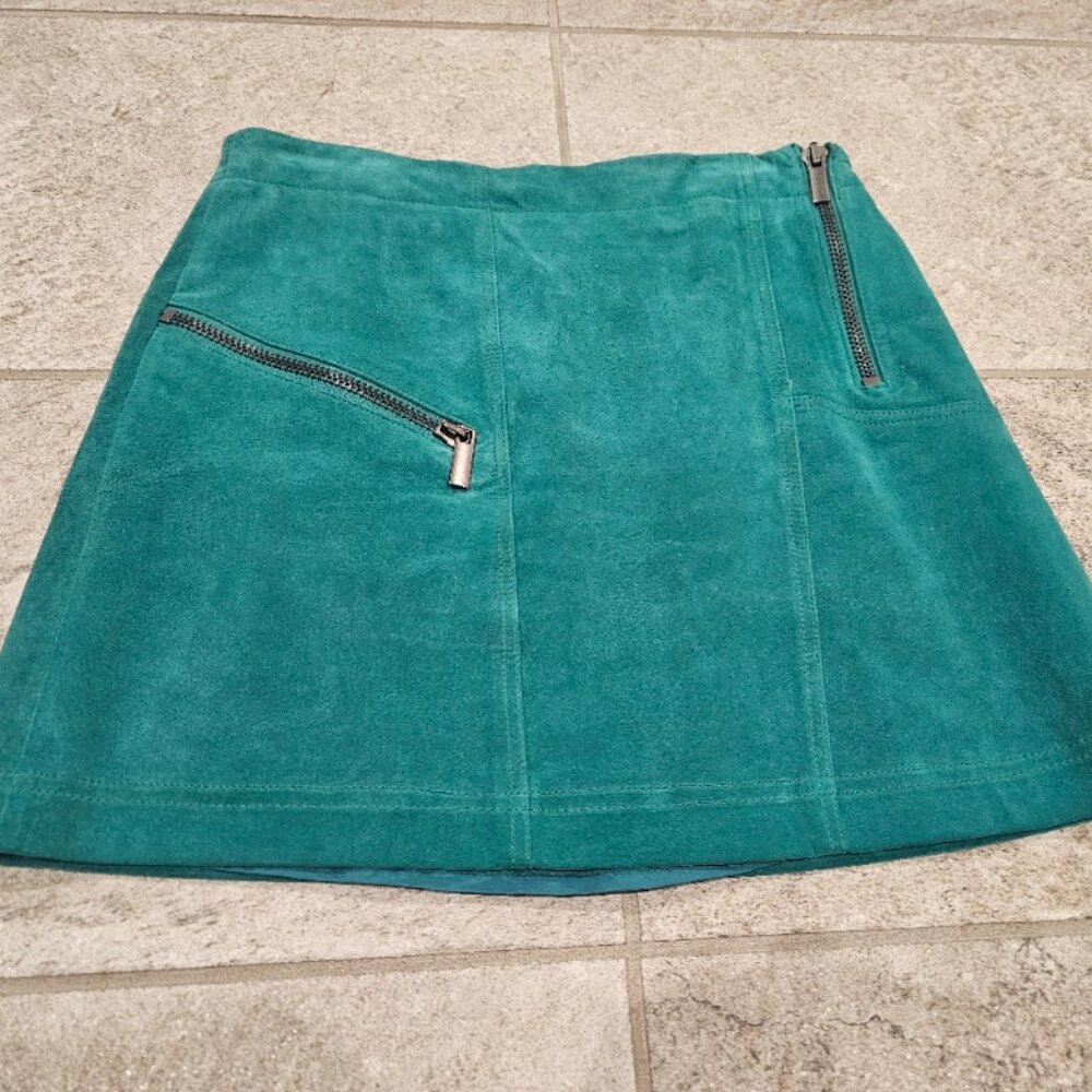 Teal Green Leather Mini Skirt with Zipper Detail Size 8
